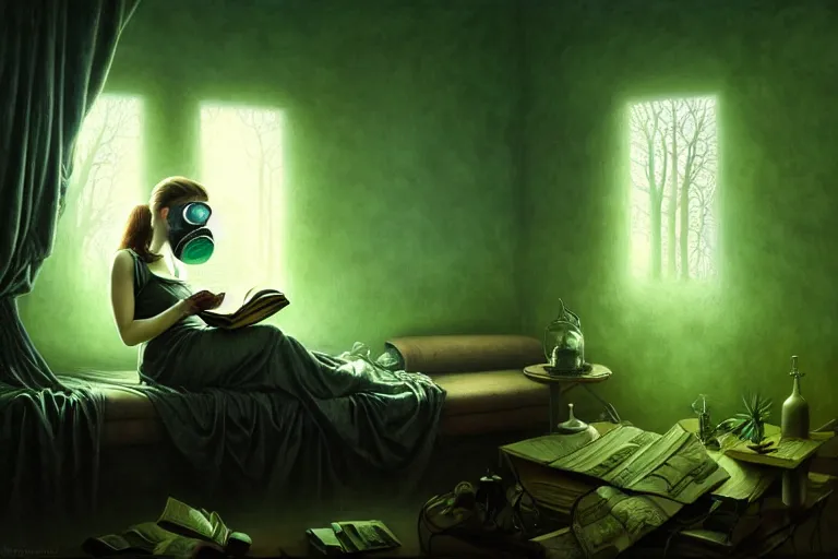 Prompt: girl with wearing a gas mask lying on the sofa reading a book in her room, in the style of tomasz alen kopera, solarpunk, atmospheric, clean, intricate and epic composition, green by caravaggio, insanely quality, highly detailed, masterpiece, blue light, artstation, 4 k