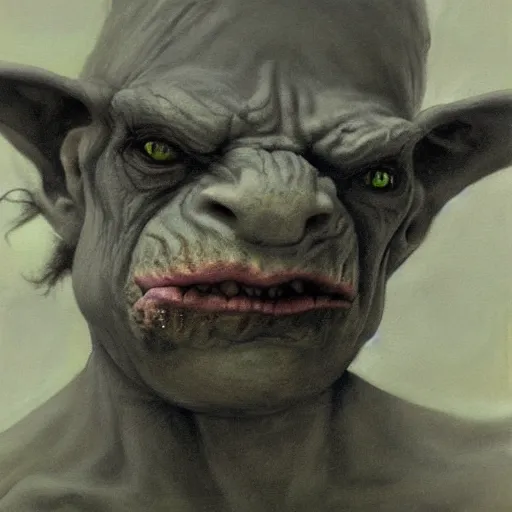 Image similar to a painting of a goblin orc taken by sally mann, portrait, foggy, hazy, dull colors, detailed, bleak,