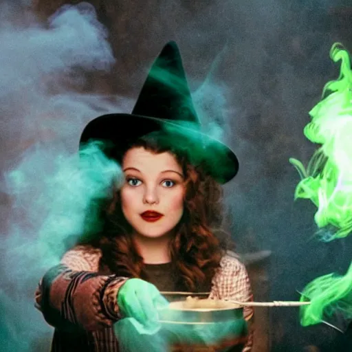 Prompt: teen witch mixing a spell in a cauldron with an owl next to her, wispy smoke, witch hat, studio photography, green glowing smoke is coming out of the cauldron, ingredients on the table, apothecary shelves in the background, still from sabrina the teenage witch