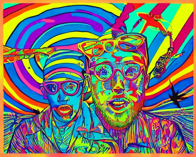 Image similar to mac miller, lsd trip, art style by john keebs lee, pittsburgh, blue slide park, good vibes, peace, love, 4 2 0, don't trip, swimming in circles, highly detailed