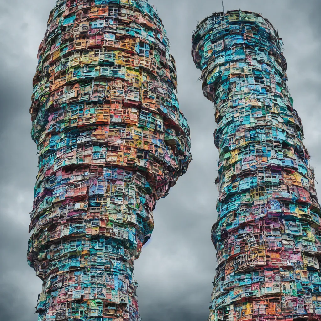 Prompt: close - up view of a circular tower made up of colourful makeshift squatter shacks, bleached colours, moody cloudy sky, dystopia, mamiya, very detailed, photographed by cristina de middel