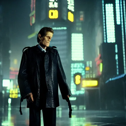 Prompt: william dafoe starring in a cyberpunk story in a distopic futuristic city in the style of bladerunner, movie still, highly detailed