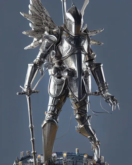 Image similar to magicpunk seraphim statue knight, chrome reflect, calming, uplifting mood, ultra realistic, funny, small buildings, highly detailed, epic lighting, illuminated, cinematic, art by eddie mendoza