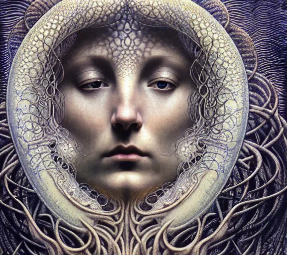 Image similar to detailed realistic beautiful moon goddess face portrait by jean delville, gustave dore, iris van herpen and marco mazzoni, art forms of nature by ernst haeckel, art nouveau, symbolist, visionary, gothic, neo - gothic, pre - raphaelite, fractal lace, intricate alien botanicals, ai biodiversity, surreality, hyperdetailed ultrasharp octane render