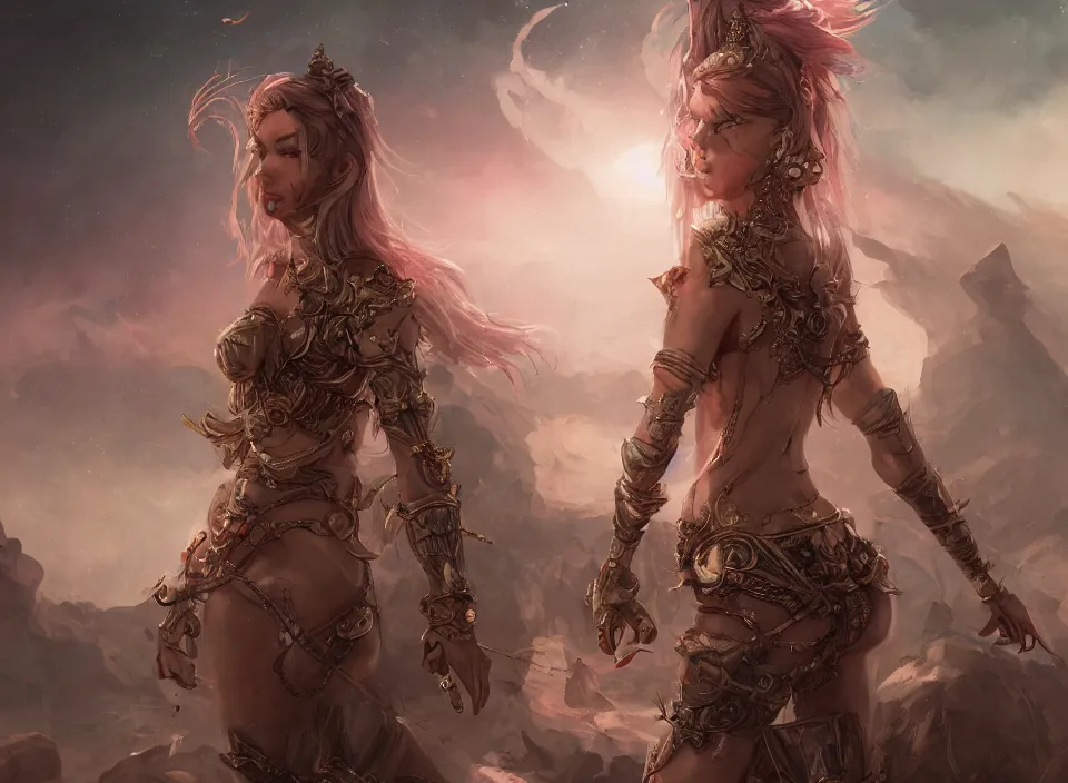 Prompt: an illustration of the bikini queen, walking through distant flower planes, pale hair, one eye, intricate details, detailed face, detailed armour, artstation, epic pose, view from distance, volumetric light, starry sky, by rembrandt and marco bucci