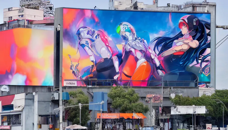 Image similar to billboard advertisement with an extremely beautiful photo of a white marble statue of an anime girl with colorful motocross logos and motorcycle helmet with closed visor, colorful smoke in the background, carved marble statue, fine art, neon genesis evangelion, virgil abloh, offwhite, denoise, highly detailed, 8 k, hyperreal