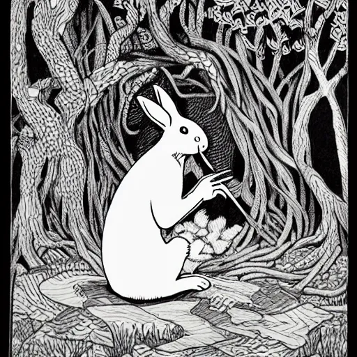 Image similar to isometric, precisely drawn, fine detailed, intense line work, drawing of a white bunny smoking a big cigarette in the deep tangled forest, by edward gorey, black ink on white paper