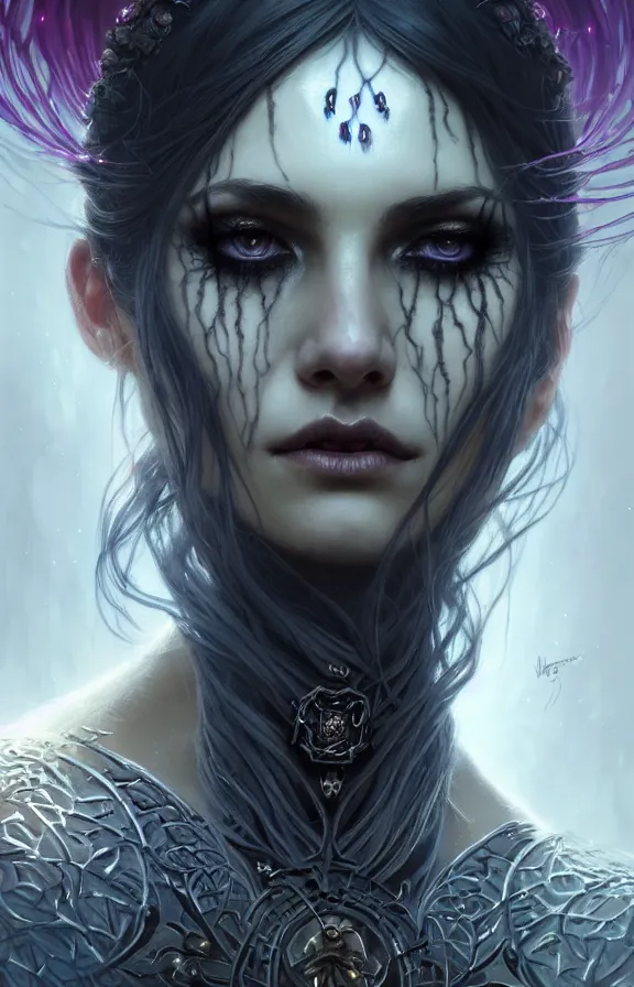 Image similar to Necromancer Sorceress face close-up macro in center, fantasy magic, undercut hairstyle, dark light night, intricate, elegant, sharp focus, illustration, highly detailed, digital painting, concept art, matte, art by WLOP and Artgerm and Greg Rutkowski and Alphonse Mucha, masterpiece