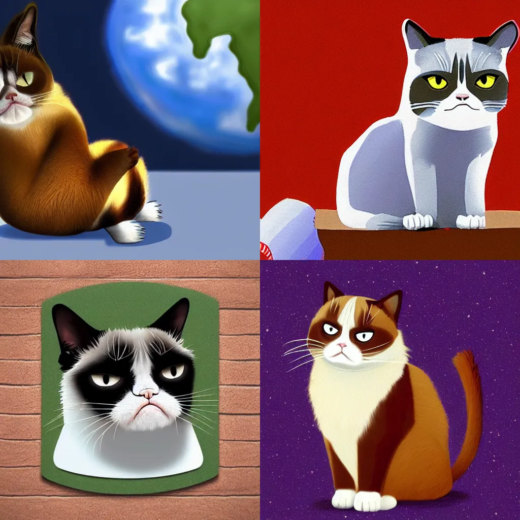 Prompt: A grumpy cat sitting on planet earth, digital art in the style of Pixar