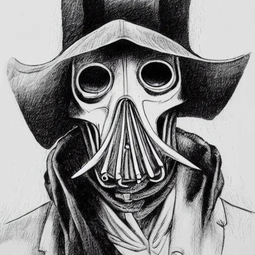 Prompt: a portrait of a plague doctor gunslinger, dark fantasy, horror, western, hell, ultrafine detailed pencil art on paper by frank frazetta and vito acconci and and takeshi obata, death note style, symetric body, cgsociety, sharp focus, detailed face