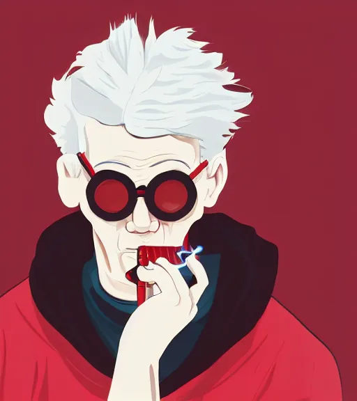 Image similar to young man in red jacket and white shirt, white hair, round goggles, smoking cigarette, character portrait, sharp focus, illustration, high detailed