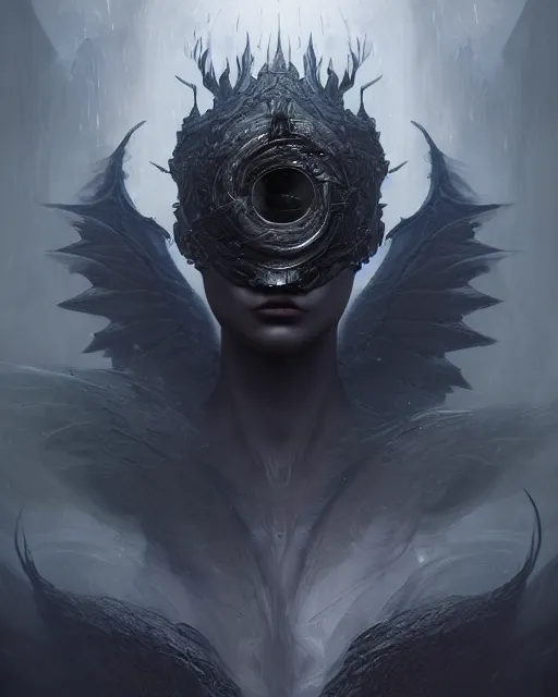 Image similar to fantasy portrait of a dark angel with a blindfold on his eyes!!, highly detailed, moist foggy, abstract dragons around in a intricate background, complex 3 d render by ilya kuvshinov, peter mohrbacher. unreal engine, blender, octane, ray tracing. sharp focus, masterpiece, post processing, deviantart