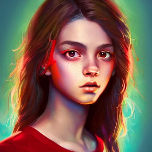 Image similar to colorful and festive captivating teenager with straight brown hair covering his eye, dark skin, big lips, big eyes, wearing a red t - shirt. rich vivid colors, ambient lighting, dynamic lighting, 4 k, atmospheric lighting, painted, intricate, highly detailed by charlie bowater