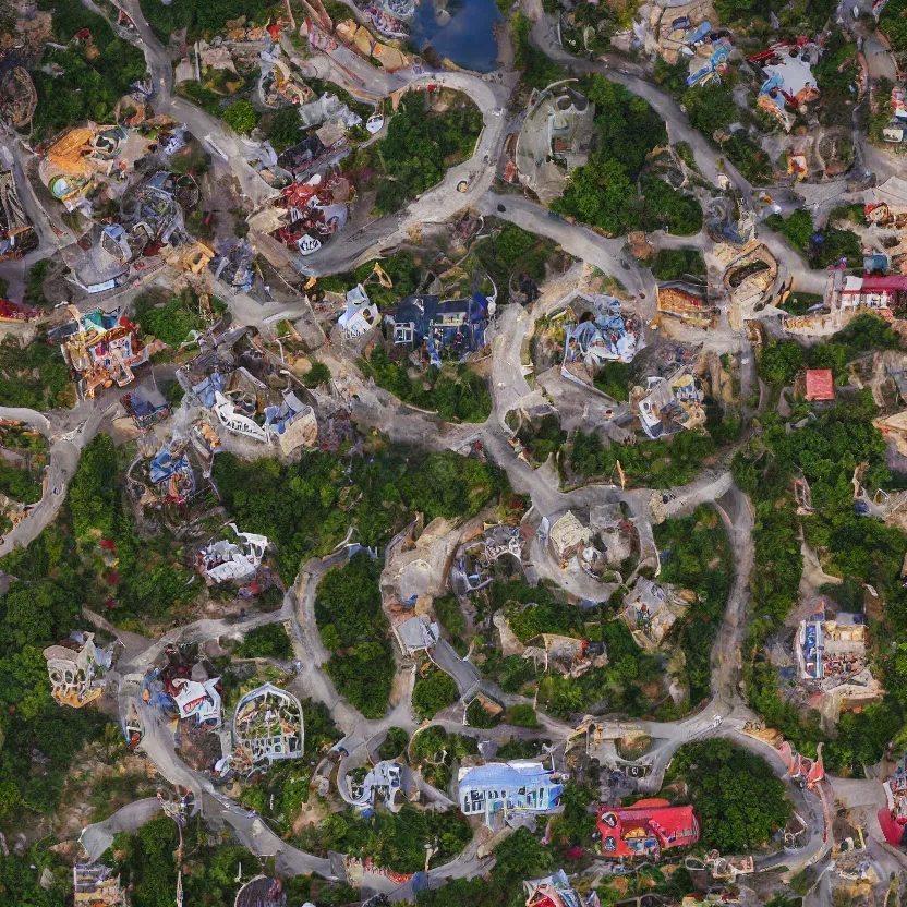 Prompt: aerial view of fantasy town with a wizard's tower in the middle, photograph, 8 k