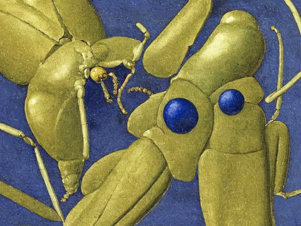 Image similar to close up of an exotic beetle. lapis lazuli, jasper, jade, gold. painting by piero della francesca, balthus, agnes pelton