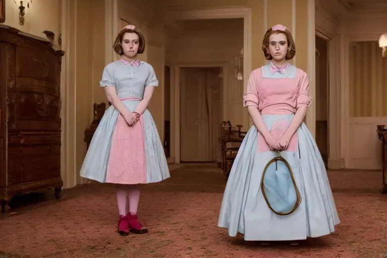 Image similar to wide-shot of Kiernan Shipka as the maid in the new movie directed by Wes Anderson, symmetrical shot, idiosyncratic, relentlessly detailed, pastel, limited colour palette, detailed face, movie still frame, promotional image, imax 70 mm footage