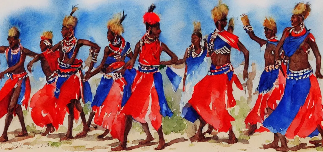 Prompt: a watercolor painting of maasai dancers