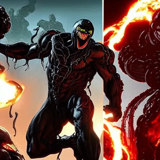 Prompt: venom in doom eternal fighting alongside doom slayer