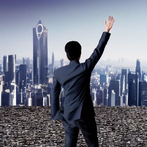 Prompt: futuristic world, man waving goodbye to group of people, ((cryptocurrency in background))