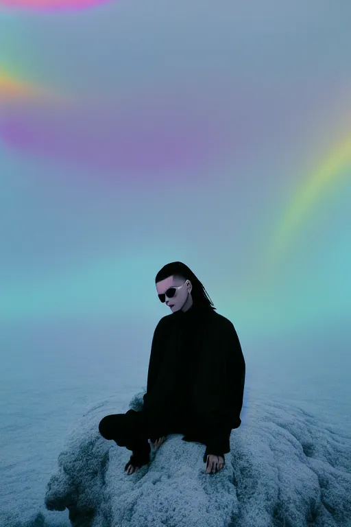 Image similar to high quality pastel coloured film close up wide angle photograph of bill kaulitz wearing clothing swimming on cloud furniture in a icelandic black rock environment in a partially haze filled dreamstate world. three point light, rainbow. photographic production. art directed. pastel colours. volumetric clouds. pastel gradient overlay. waves glitch artefacts. extreme facial clarity. 8 k. filmic.