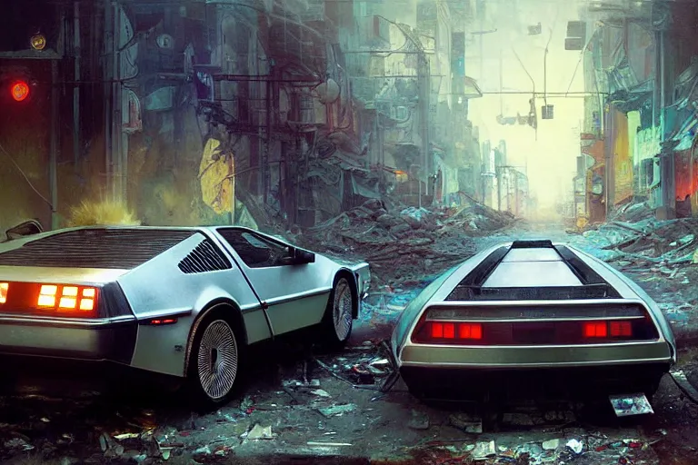 Image similar to photograph of the delorean driving down the streets of a cyberpunk abandoned city, by greg rutkowski, by stanley artgerm, by alphonse mucha