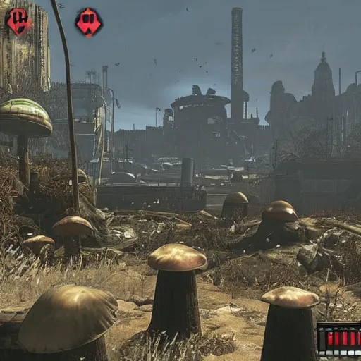 Prompt: mushroom kingdom from the super mario franchise in ruins post - nuclear war in fallout 4, in game screenshot