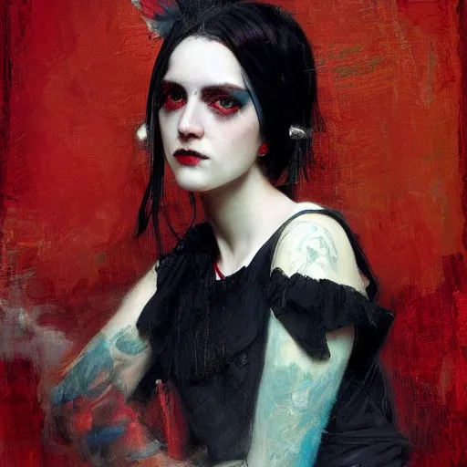 Image similar to Solomon Joseph Solomon and Richard Schmid and Jeremy Lipking victorian genre painting portrait painting of a young beautiful woman punk rock goth with punk rock haircut in fantasy costume, red background