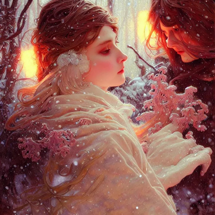 Prompt: psychedelic snowfall, diffuse lighting, fantasy, intricate, elegant, highly detailed, lifelike, photorealistic, digital painting, artstation, illustration, concept art, smooth, sharp focus, art by John Collier and Albert Aublet and Krenz Cushart and Artem Demura and Alphonse Mucha