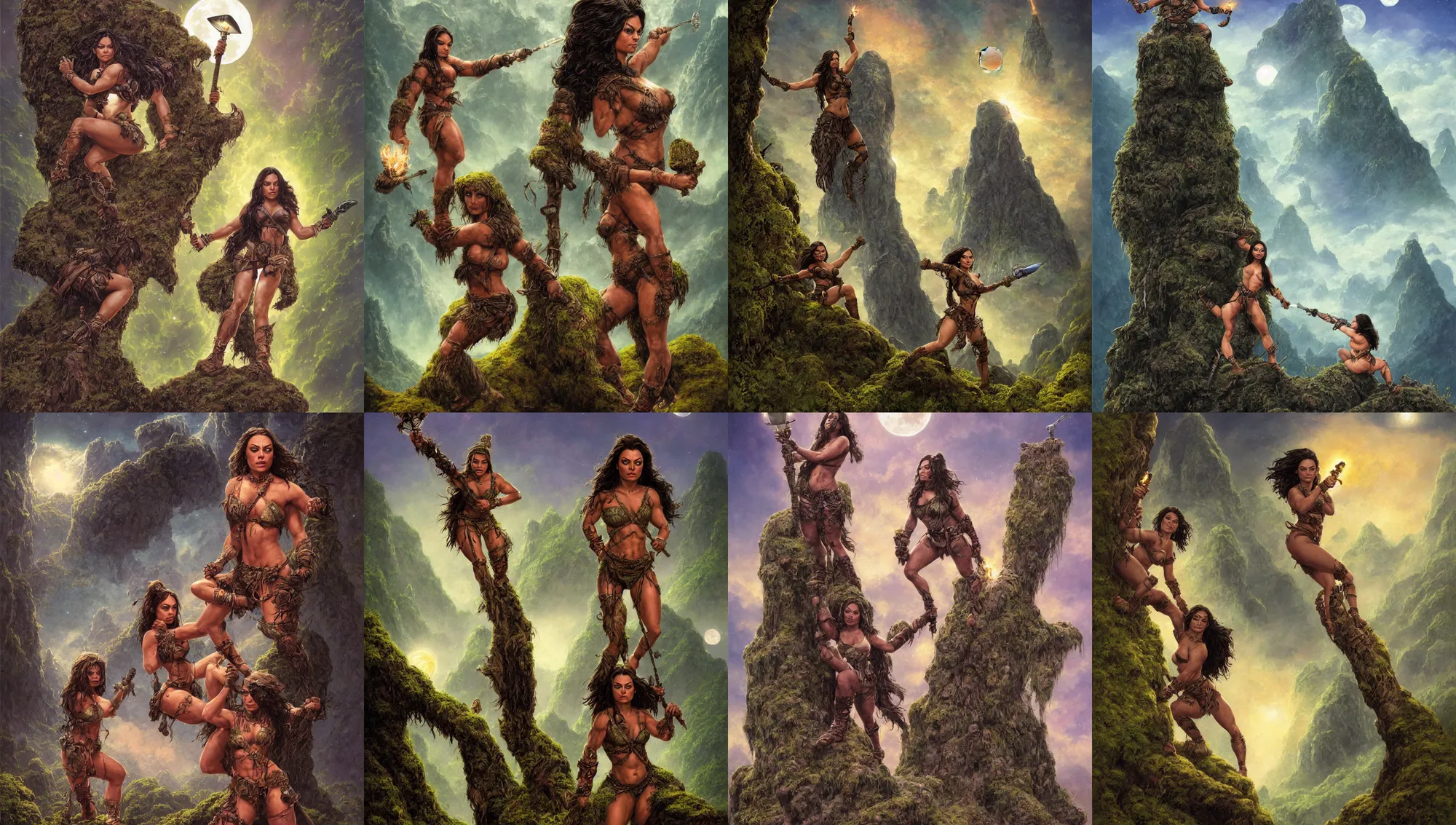 Image similar to face portrait of mila kunis as muscled amazon warrior posted on a large mossy rock holding a torch, full moon, moon rays, beautiful epic vista, flowing hills, far desert, fireflies, eerie sky, frank frazetta, alex horley, ralph horsley, michael whelan