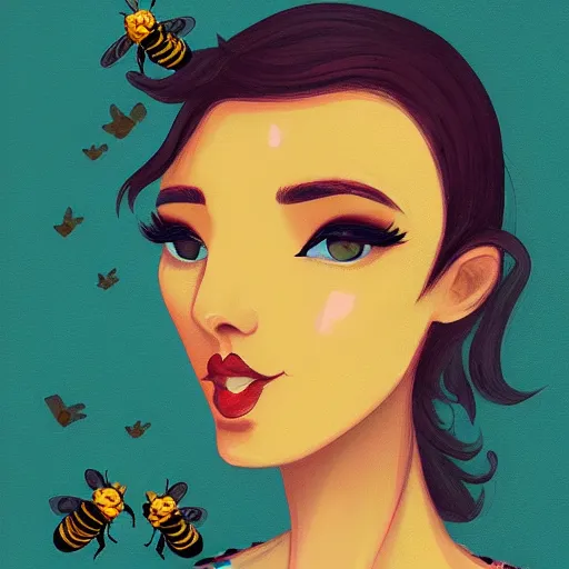 Image similar to face portrait of a woman inspired by lois van baarle, honeycomb, bees, summer, honey