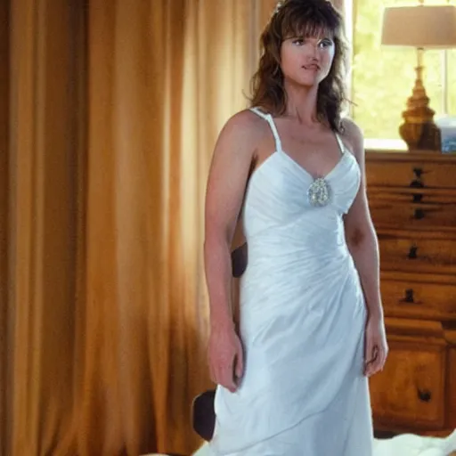 Prompt: young Lucy Lawless in a wedding dress in GTA 5.