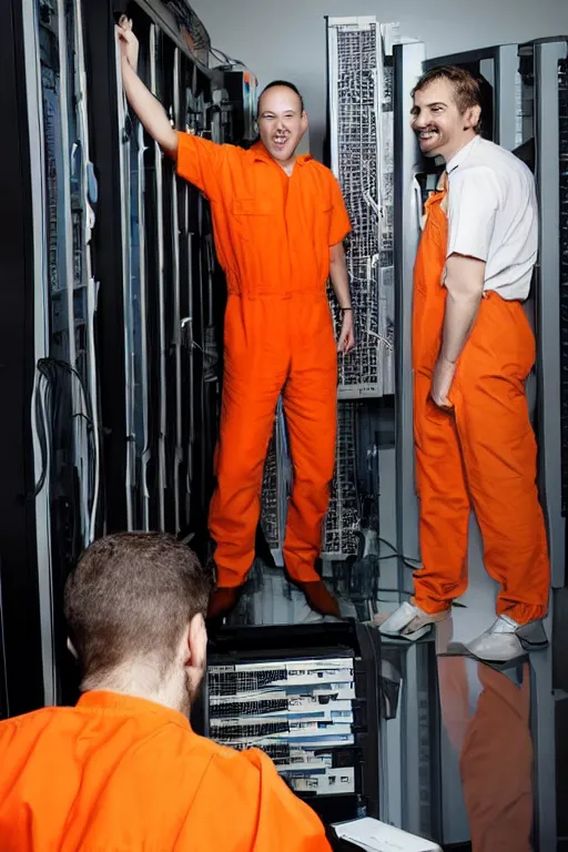 Image similar to extremely arrest photo of the programmer who killed the middle manager who bought an ibm mainframe and actually thought that was a good idea. high contrast color, orange jumpsuit, absolutely no regrets, smile on his face