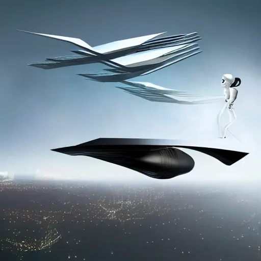 Image similar to robot works and fly in Zaha Hadid in fantasy world