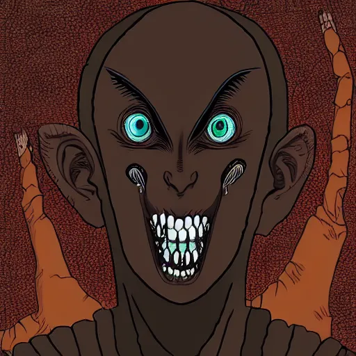 Image similar to a dark brown humanoid, hyper detailed, in the style of junji ito and and junji ito and junji ito, selfie