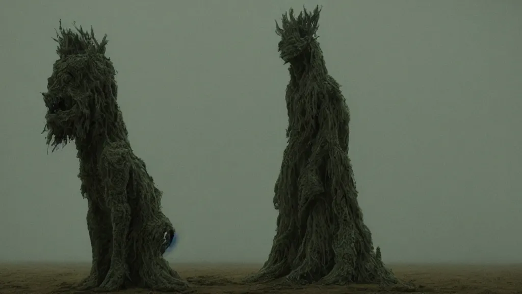 Image similar to a strange creature stands at an alter , film still from the movie directed by Denis Villeneuve with art direction by Zdzisław Beksiński, medium shot, shallow depth of field,