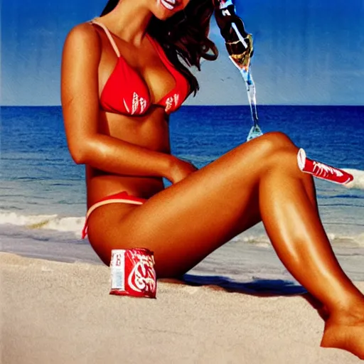 Image similar to advertisement photo of beautiful young model woman in a red bikini drinking a Coca-Cola at a beach party. Coca-Cola ad by joe McNally