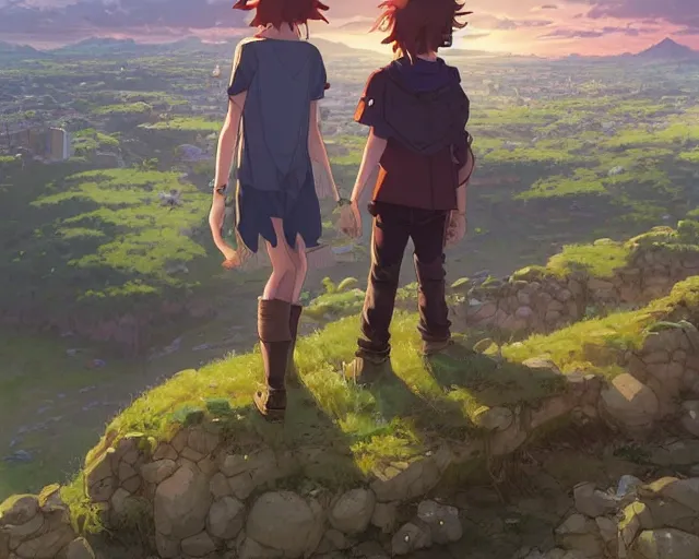 Prompt: a boy and a girl sitting on a hill overlooking the apocalyptic ruins of a city, rubble, ruins, post-apocalyptic, gloomy, end of the world, dust. Girl has long, flowing auburn hair. By Makoto Shinkai, Stanley Artgerm Lau, WLOP, Rossdraws, James Jean, Andrei Riabovitchev, Marc Simonetti, krenz cushart, Sakimichan, D&D trending on ArtStation, digital art.