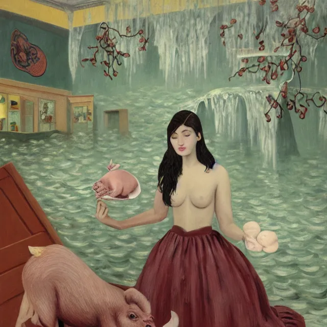 Image similar to tall female emo artist holding a pig in a flooded cafe, octopus, water gushing from ceiling, painting of flood waters inside a cafe, a river flooding indoors, pomegranates, pigs, ikebana, water, octopus, river, rapids, waterfall, black swans, canoe, berries, acrylic on canvas, surrealist, by magritte and monet