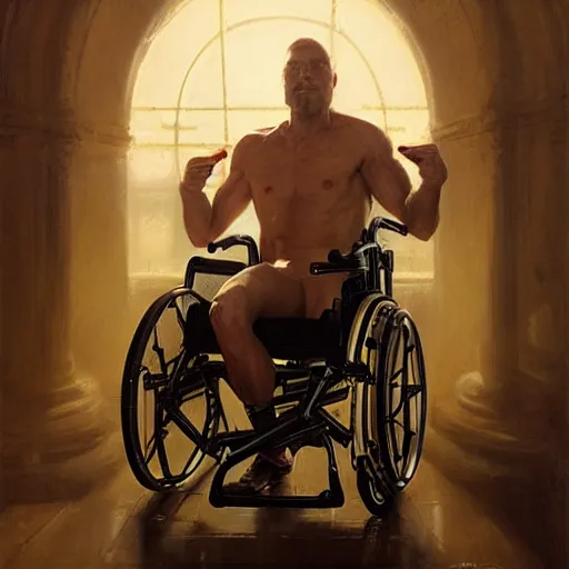 Image similar to handsome portrait of a wheelchair guy fitness posing, radiant light, caustics, war hero, one legged amputee, by gaston bussiere, bayard wu, greg rutkowski, giger, maxim verehin