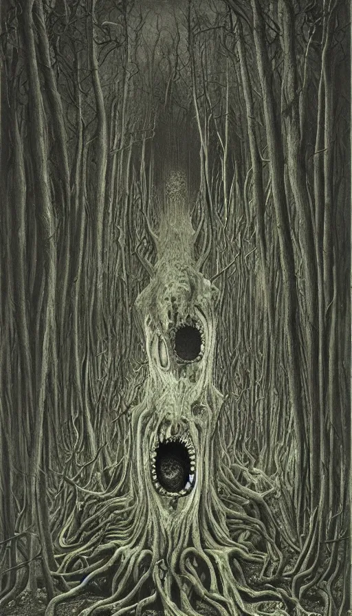 Image similar to a storm vortex made of many demonic eyes and teeth over a forest, by zdzisław beksinski