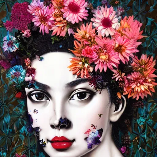 Image similar to A beautiful sculpture by Sandra Chevrier, background flowers by Zhang Jingna, 50mm