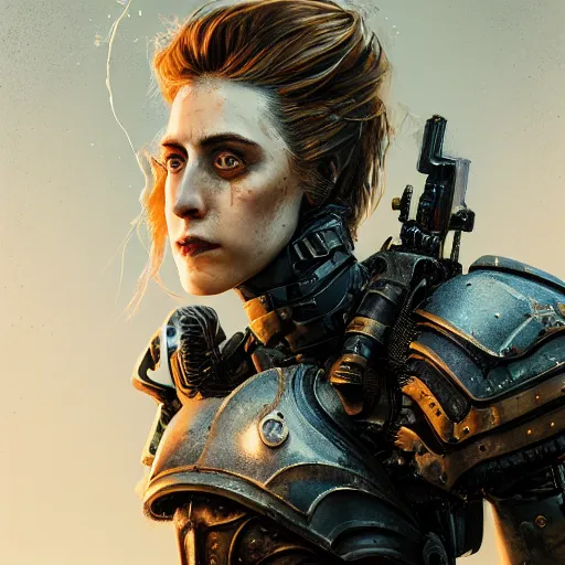 Prompt: greta gerwig portrait, dystopia core, apocalyptic, armor, warrior, dramatic, sharp focus, fiction, neon, fantasy, hyper detailed, digital art, trending in artstation, cinematic lighting, studio quality, smooth render, unreal engine 5 rendered, octane rendered, art style and nixeu and wlop and krenz cushart