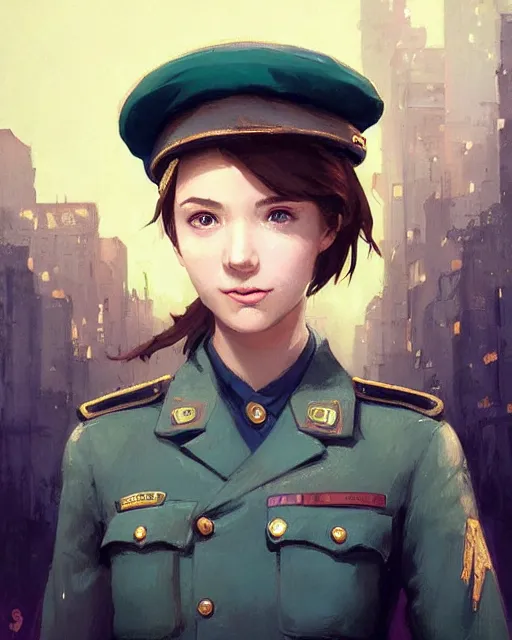 Prompt: portrait bust of a young woman with shoulder length light brown hair and hazel eyes dressed in a sharp dark teal military uniform and beret, smiling, blurred city background in twilight lighting, ilya kuvshinov, greg rutkowski, guweiz, ross tran, loish, svetlana tigai, artgerm, artstation trending, concept art, digital painting