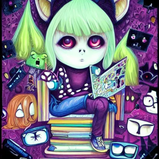 Image similar to lonely goth nerd sitting in cluttered room alone, by jeremiah ketner, aesthetic!!!, detailed, realistic, hyper realism, small details, goth aesthetic,