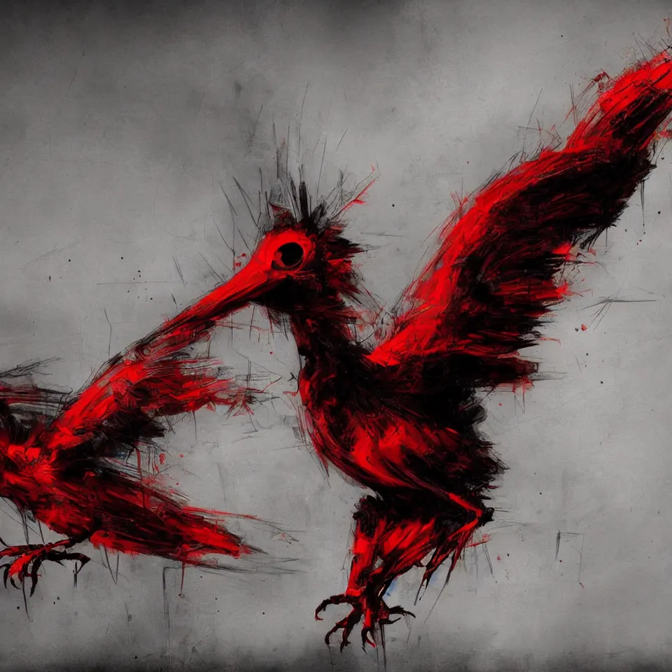 Prompt: robotic bird, digital painting, digital art, beautiful, cinematic, 4 k, ultra hd, art by ben templesmith, dynamic lighting, black and red color scheme