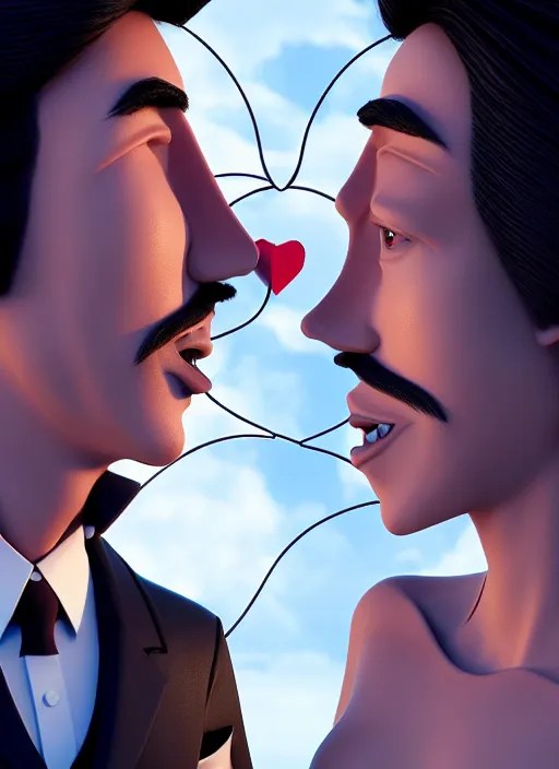 Image similar to style of santiago calatrava and salvador dali, perfectly centered symmetrical balanced male and female portrait of man and woman in love sharing one heart. high coherence ; 3 d cartoon unreal engine pixar 8 k ultra hd