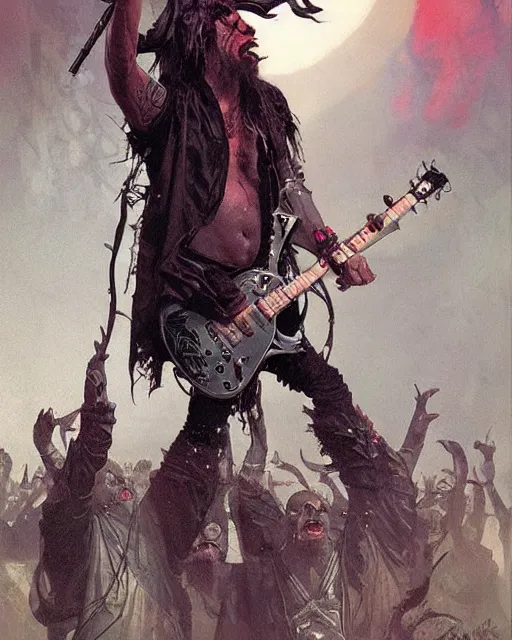 Prompt: '' Heavy metal rockstar invoking satan during a concert, high detail, 4k , digital painting, artstation, concept art, sharp focus, illustration, art by greg rutkowski and alphonse mucha ''