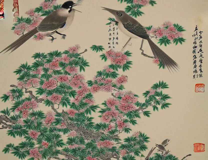 Image similar to bird in the garden and flowers chinese style art very detailed