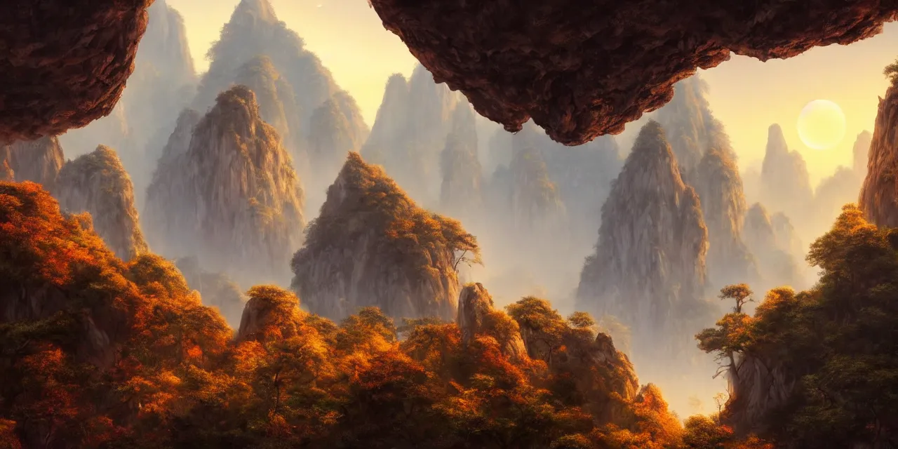 Prompt: huangshan with floating stones in zero gravity, without trees, karst pillars forest, complex buddisht temples on hilltops, artwork by ansel adams, andreas rocha, artstation, scifi, hd, wide angle, view on the valley from inside a dark grotto, autumnal, sunset