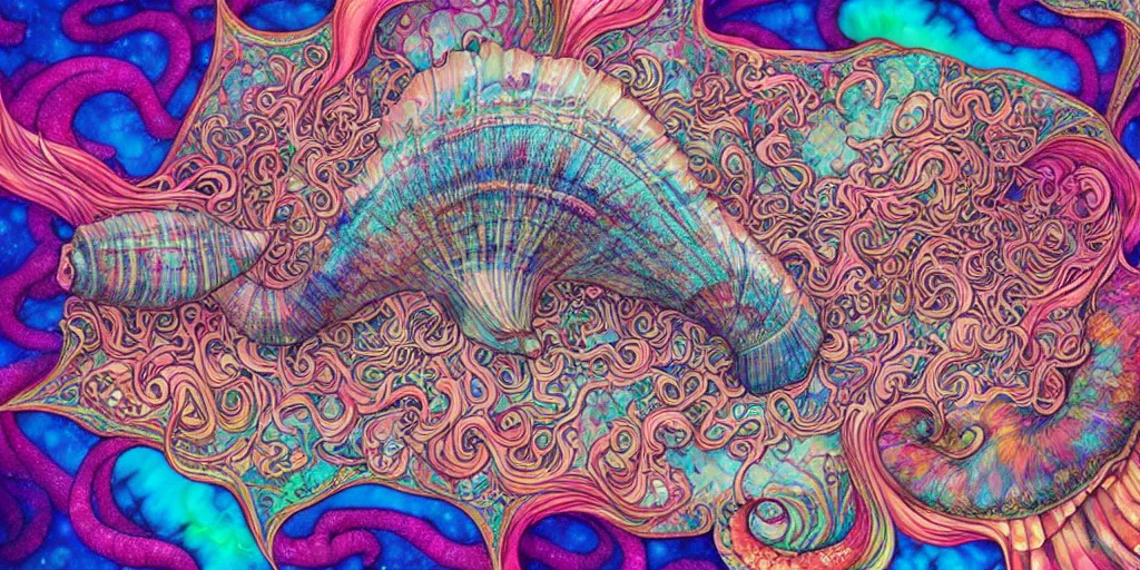 Prompt: hyper detailed conch shell, cool color palette + painterly + james jean + kaleidoscope, psychedelic, cosmic energy by Kelly McKernan, yoshitaka Amano, hiroshi yoshida, moebius, loish, artgerm, gothic, inspired by dnd, grimdark aesthetic, painterly, symmetrical and detailed